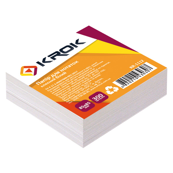 Блок паперу для нотаток 85х85мм 300 арк клеєний, білий Krok